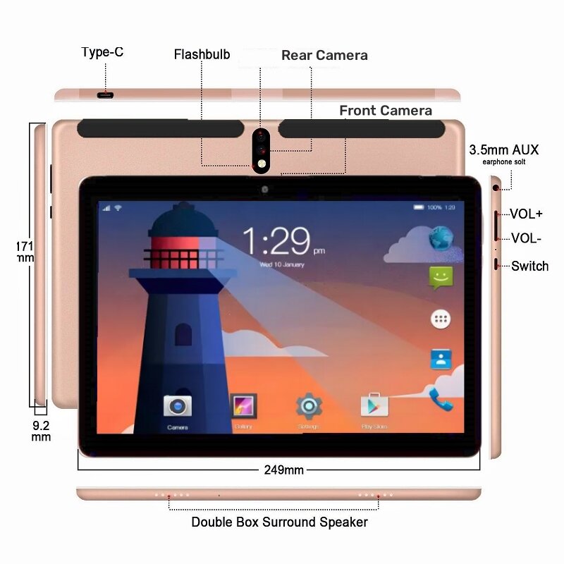 Tablet PC com câmera traseira, 4G Telefone Chamada, Android 9.0 Tablet, 3GB RAM, 32GB ROM, MTK9863, Dual Sim, Quad Core, 5.0M, T960, 10,1 polegadas, venda quente