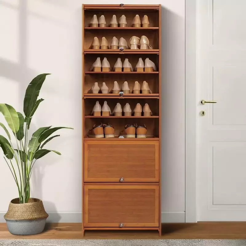 Armário de armazenamento de sapato de bambu alto com porta, sapato autônomo de 10 camadas, rack de salto alto para 26-30 pares, marrom