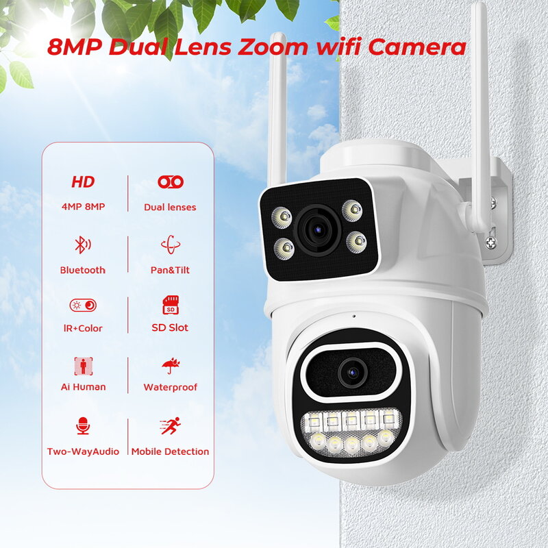 4K 8MP PTZ WIFI Camera Dual Lens Dual Screen IP Camera Outdoor 4MP HD Auto Tracking Security Protection CCTV Surveillance iCSee