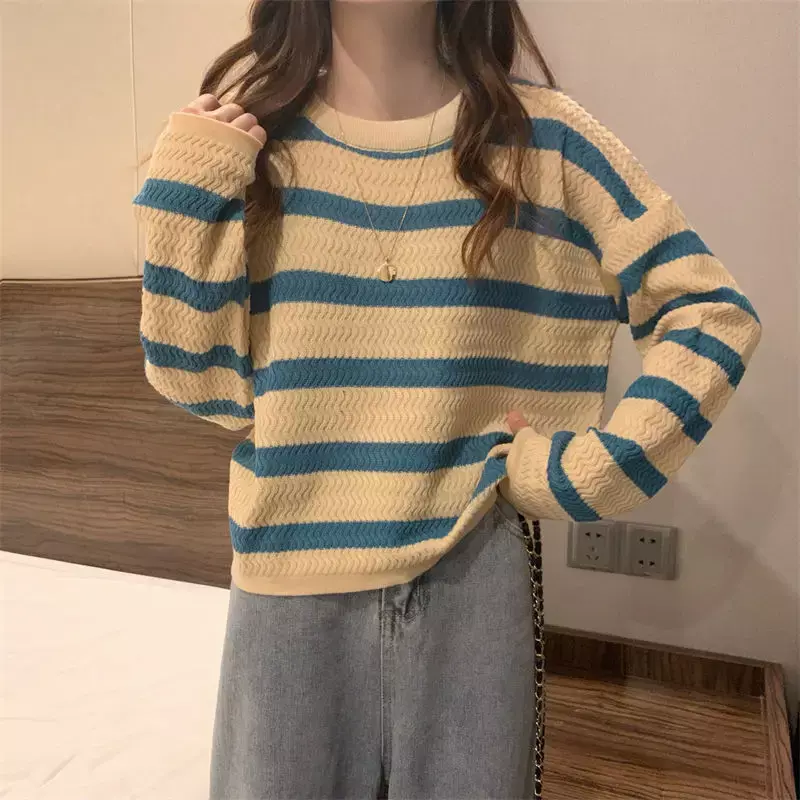 Autumn Stripe Black Knitting Bottoming Shirt Women New Classic Long Sleeve O-collar Inside Loose All-match Lady Sweaters PH34
