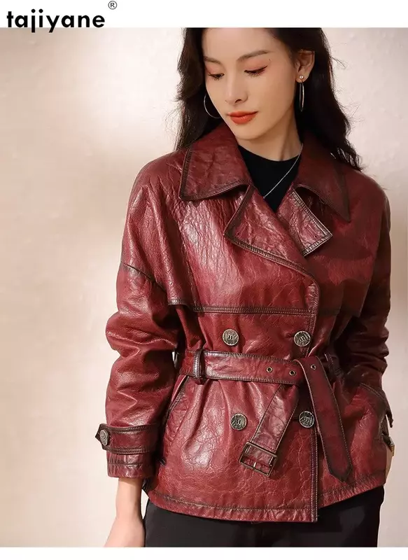 Tajiyane-Jaqueta de couro de carneiro real para mulheres, elegante casaco trespassado, couro 100% genuíno, super qualidade, 23
