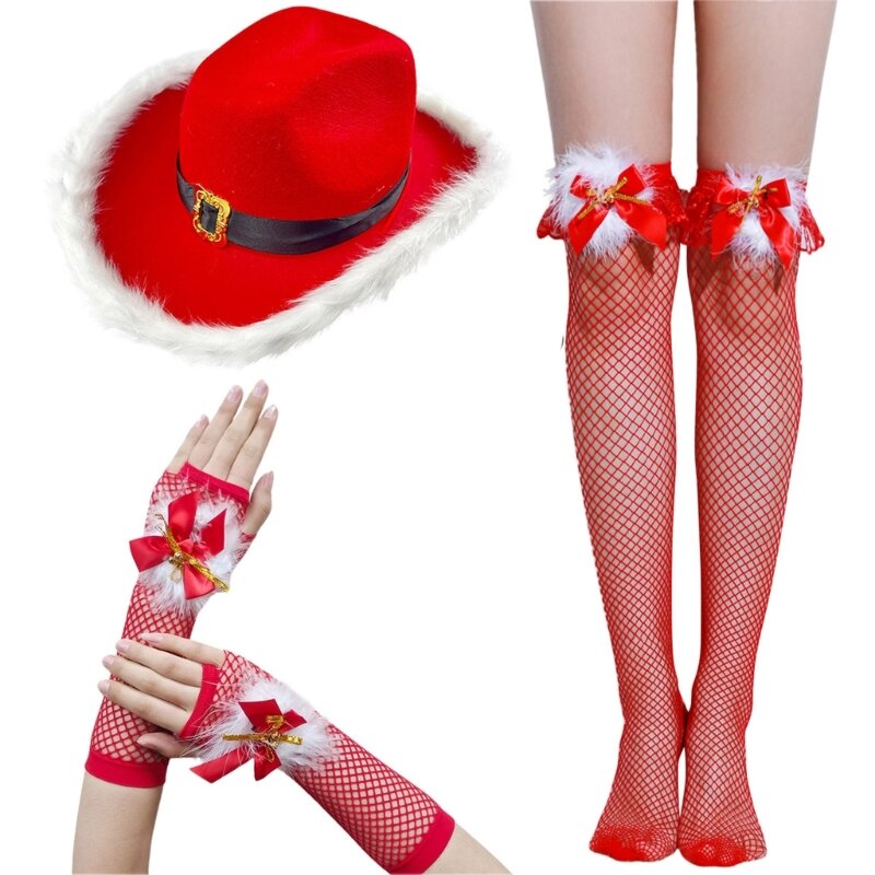 Sombrero medias red, guantes cortos plumas, conjunto para juego rol navideño