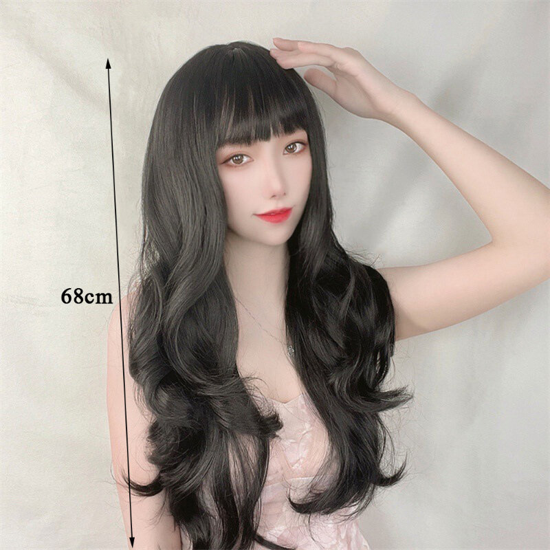 Fashion Curly Lace Black Long Straight Wig with Bangs Heat Resistant Fiber Hair for Women Glueless for Daily Use and Easy Wear