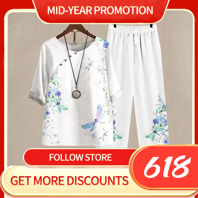 Setelan pakaian wanita motif bunga putih, setelan baju celana pinggang tinggi longgar leher O wanita elegan musim panas dua potong