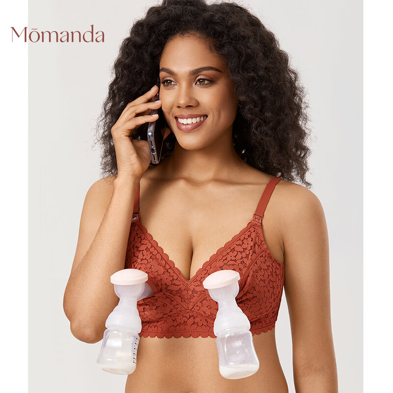 MOMANDA-Sujetador de bombeo con manos libres para mujer embarazada, ropa interior Sexy de encaje, inalámbrica, para amamantar, todo en uno