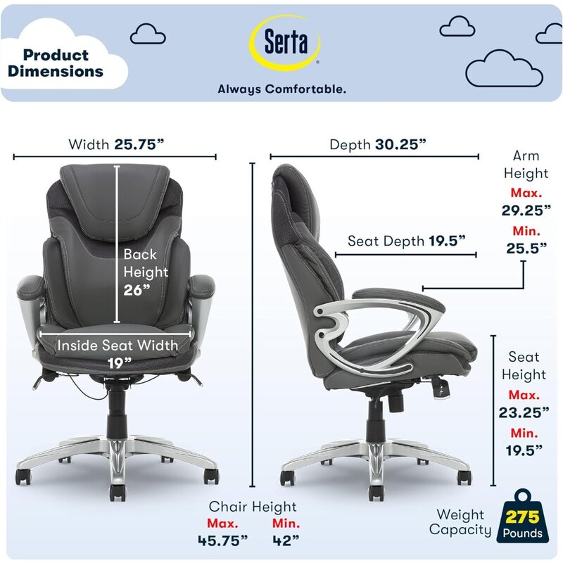 เก้าอี้สำนักงานผู้บริหาร Serta bryce เก้าอี้คอมพิวเตอร์ตามหลักสรีรศาสตร์พร้อมเทคโนโลยี Air Lumbar ที่ได้รับการจดสิทธิบัตรตัวเครื่องหลายชั้น