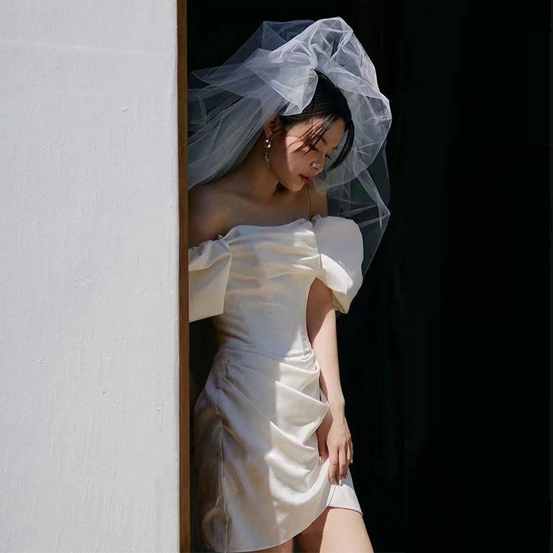 Elegante vestido de noiva com decote em barco feminino com manga folhada, cetim confortável, simples vestidos de noiva curtos, nova moda