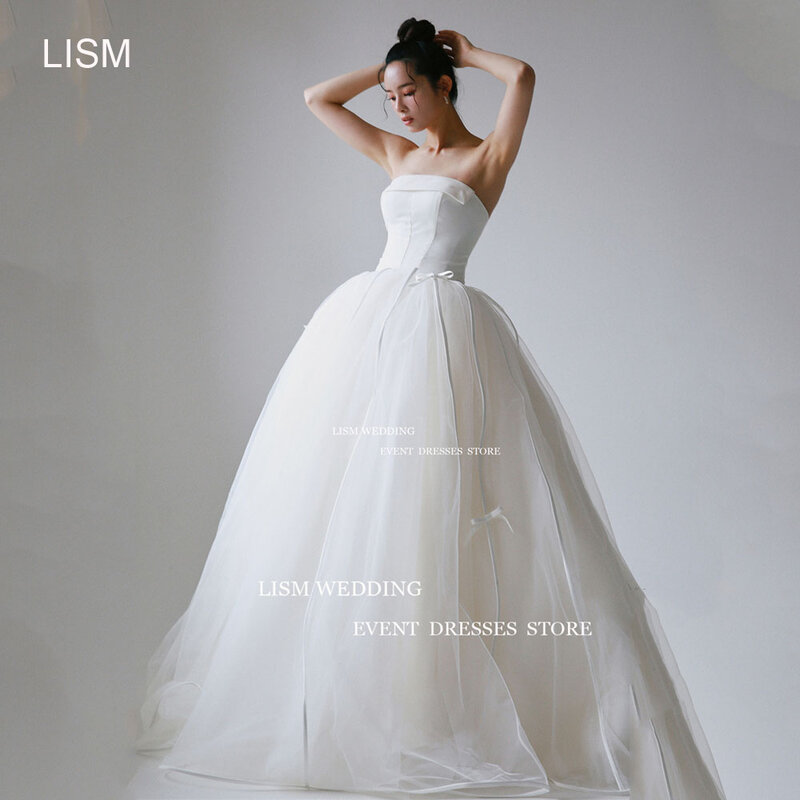LISM-Strapless A Linha Vestido De Noiva, Coreia Vestidos De Casamento, Fada Tulle Bow, Sem Mangas Vestidos De Noiva Personalizados, Photo Shoot
