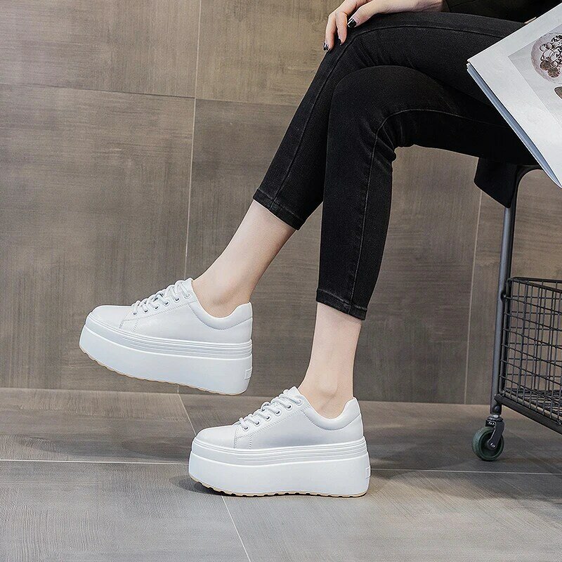 8cm High Thick Heel Platform Flats New Women Casual Shoes Genuine Leather Soft High Quality Casual Shoe Sneakers White Black