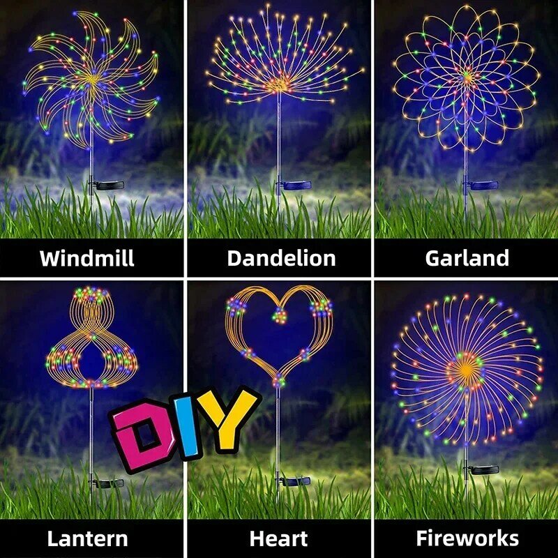 Solar LED Firework Fairy Light, Decoração do jardim ao ar livre, gramado, caminho, pátio, quintal, festa, Natal, casamento, 1 Pc, 2 Pcs, 4Pcs