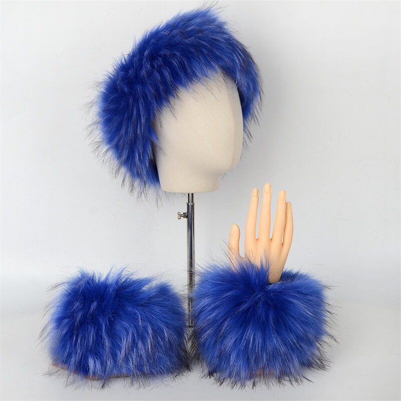 Winter Warmers Faux Fur Headband with Elastic And Faux Fur Wrist Cuffs Set Women Fox Furry Bands Arm Warmer Hat Ski