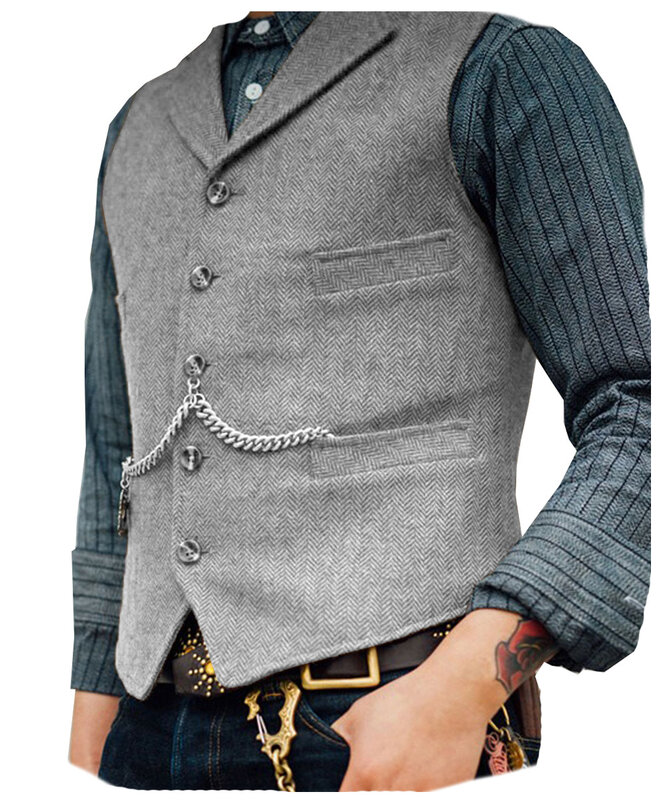 Chaleco de negocios para hombre, chaqueta informal ajustada, Chaleco de traje de boda, Tweed de lana marrón