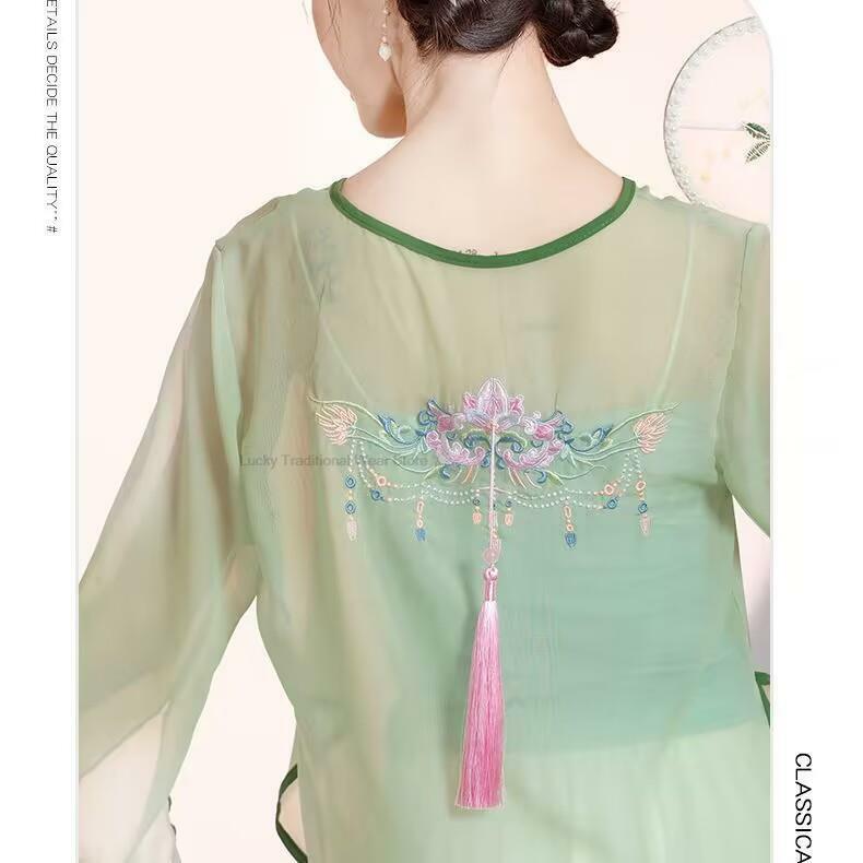 Chinese Traditional Chiffon Top Women Folk Dance Cardigan Blouse Ancient Chinese Cheongsam Blouse Tops Embroidery Hanfu Shirt