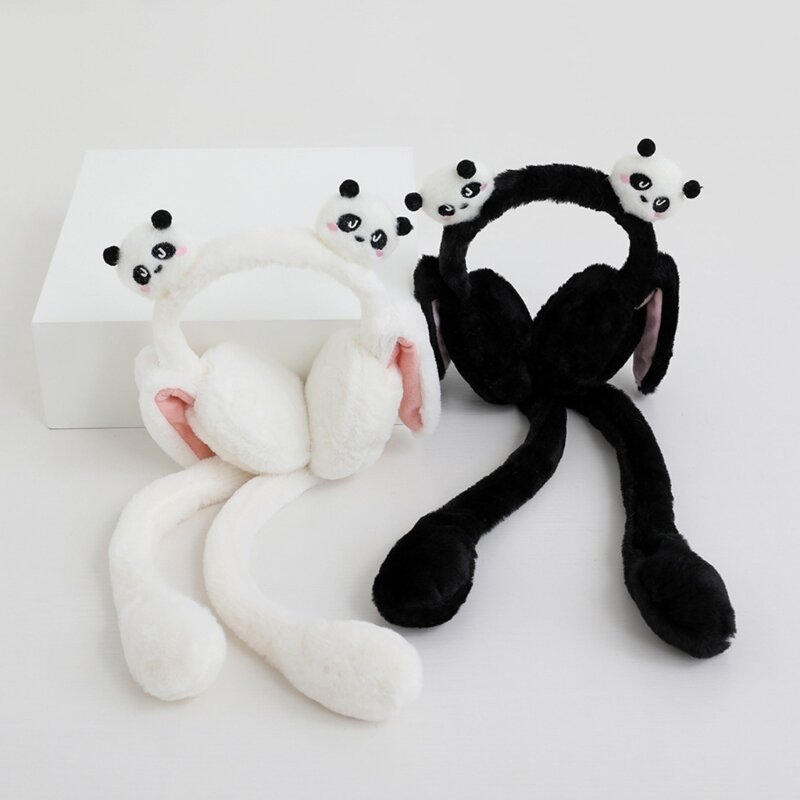 Orejeras felpa con tema Panda en movimiento para mujeres y niños, diadema calentadora orejas para invierno, Navidad,