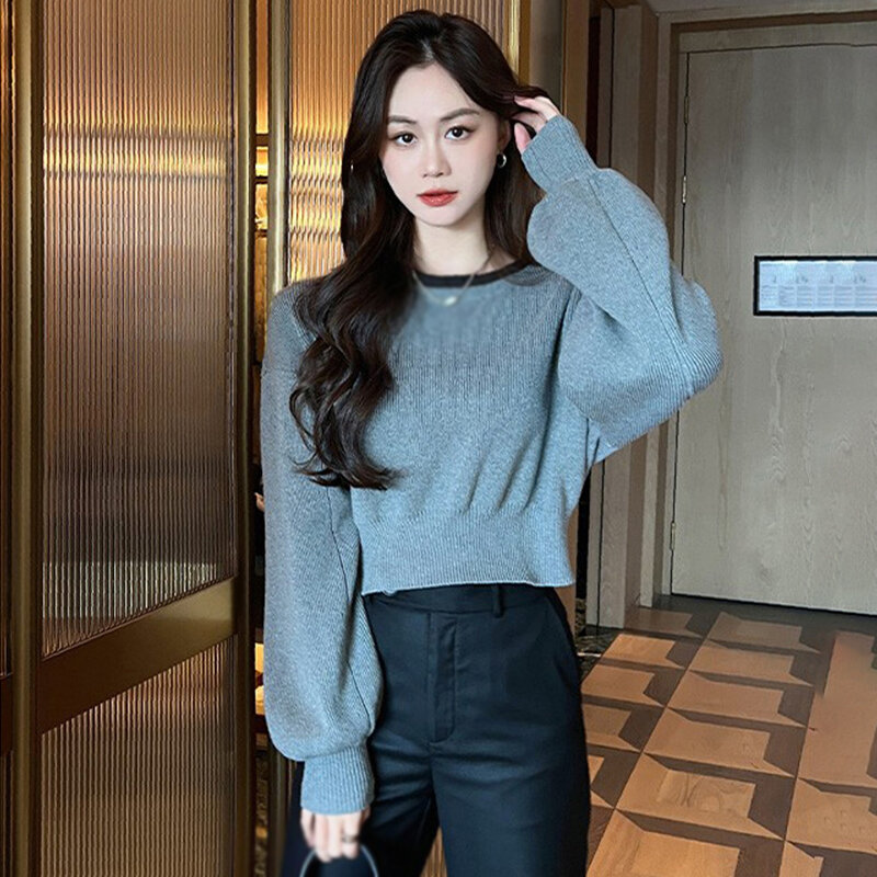 Women's Knitted Top O Neck Autumn Winter Contrast Color Fashion Versatile Knitted Long Sleeves Short Sweater Top