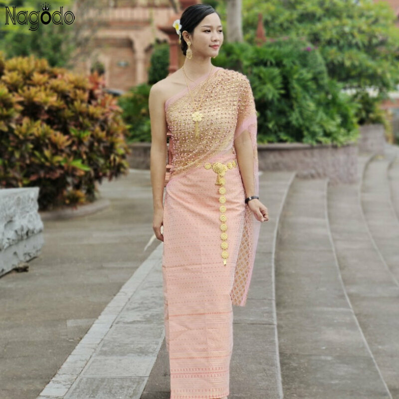 2023 Baru Di Musim Panas Wanita Selendang Tanpa Tali Atasan dan Rok Set Lima Buah Gaun Panjang Ao Dai Thai Pha Sin Tradisional Vietnam