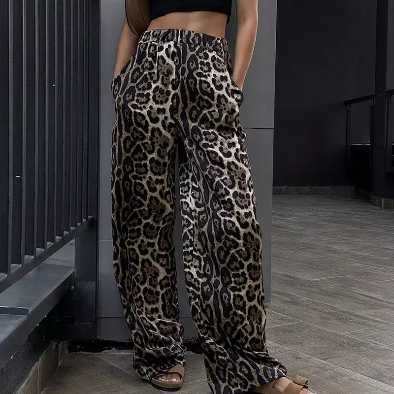 Широкие брюки в стиле пэчворк с эластичным поясом, повседневные свободные женские уличные длинные брюки, универсальные женские леопардовые брюки с карманами, 2024