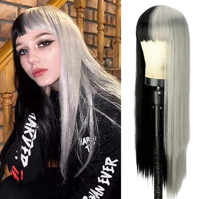 Schwarze silberne Perücke synthetische glatte Haar Perücken mit Pony Perücken für Frauen Cosplay Lolita natürlichen Look Perücke geeignet für die tägliche Party