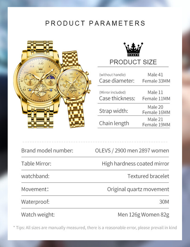 OLEVS jam tangan pasangan untuk pria wanita, jam tangan kuarsa merek Chronograph fase bulan tahan air desain Flywheel mewah
