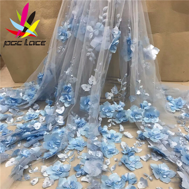 Manik-manik 3D putih kain renda 2023 kualitas tinggi Mesh bordir Applique 3D bunga Tulle Nigeria kain renda untuk pengantin LY1355