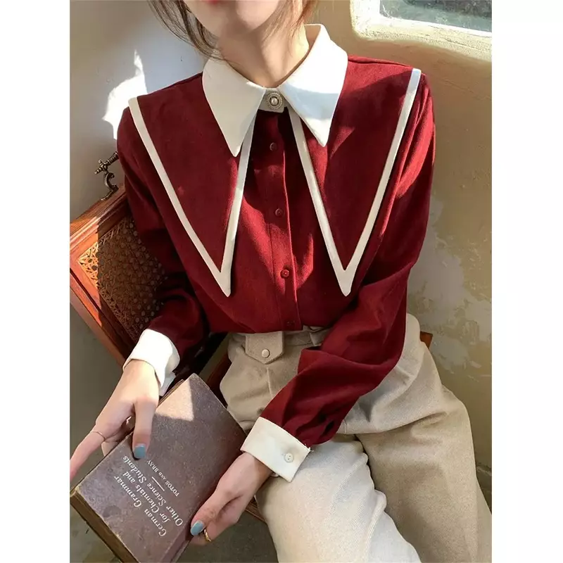 2024New Vintage Chiffon Shirts Women Elegant Patchwork Long Sleeve Blouses Office Lady Korean Black Turn Down Collar Casual Tops