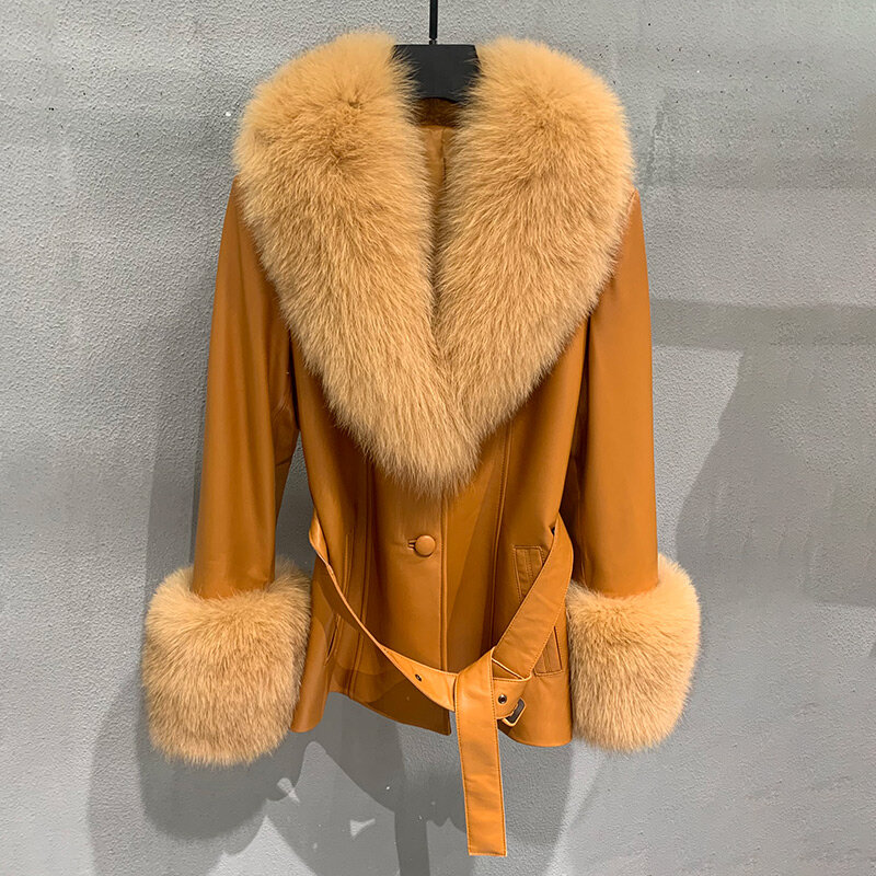 Женская куртка из натуральной кожи, с воротником из лисьего меха, на осень/зиму, 2023