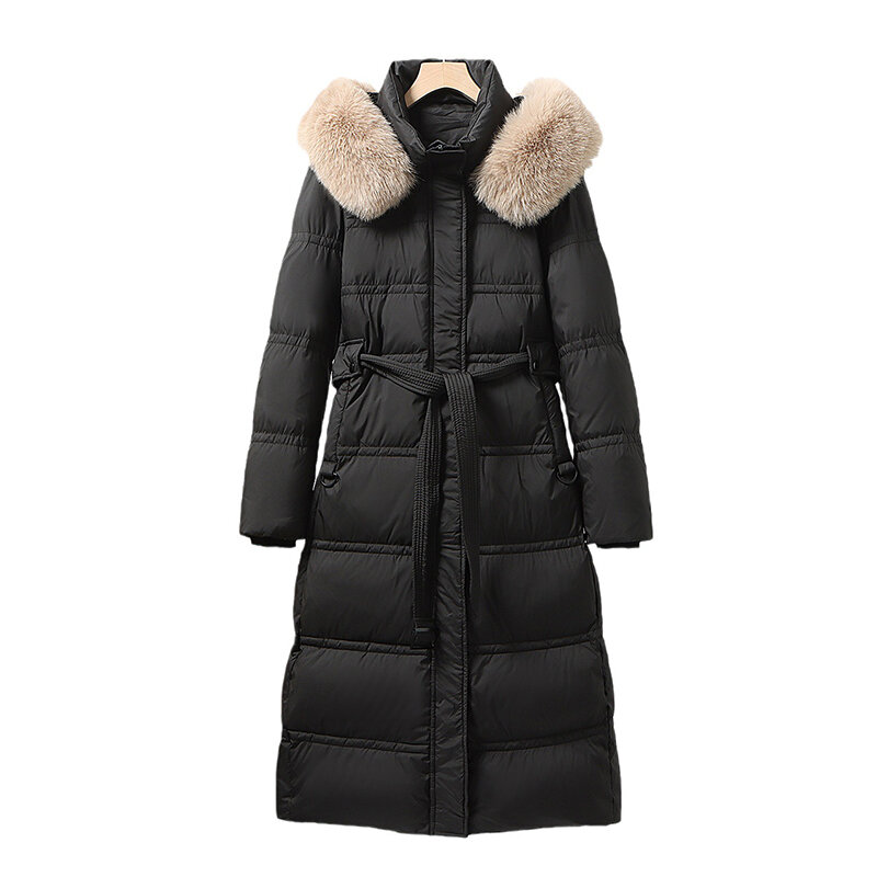 여성용 2023 패딩 화이트 덕 다운 코트, 진짜 모피 칼라, 패션 롱 코트, 따뜻한 경량 의류, 겨울 다운 재킷