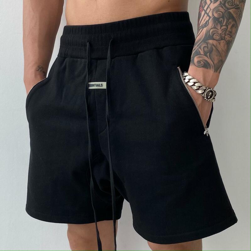 Men Cotton Shorts Fifth Pants Running Squat Fitness Shorts GYM Wear Quick-drying Drawstring y2k Zipper Pocket Short Men clothing
