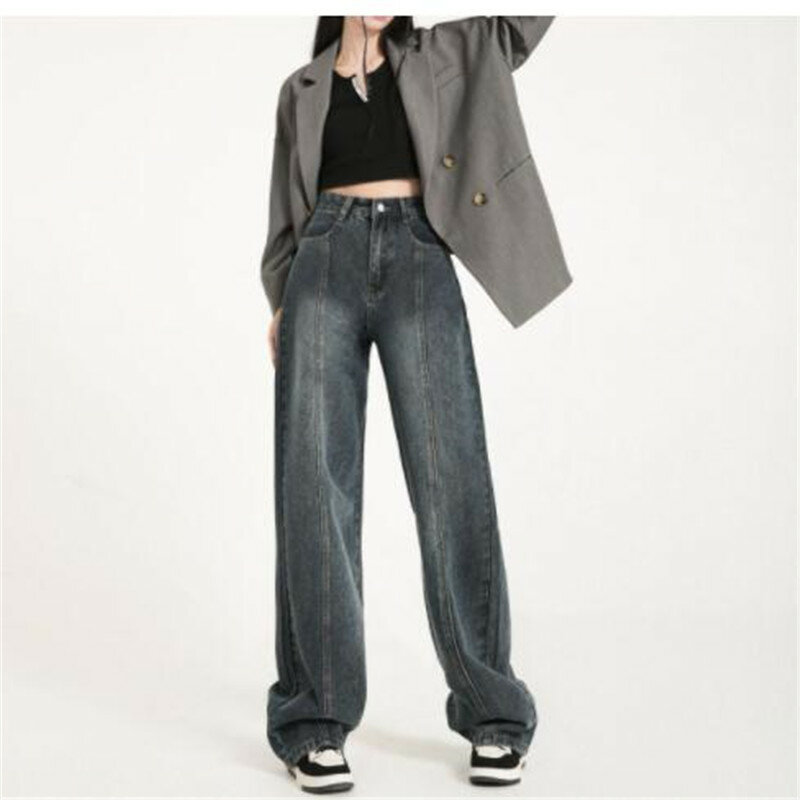 Calças de brim de cintura alta do vintage para as mulheres em linha reta baggy denim calças streetwear estilo americano moda perna larga denim