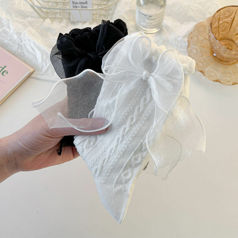 Calcetines de tubo medio con lazo de encaje Lolita para niñas, negro, blanco, JK, coreano, JK, algodón suave, transpirable, informal, Kawaii, femenino