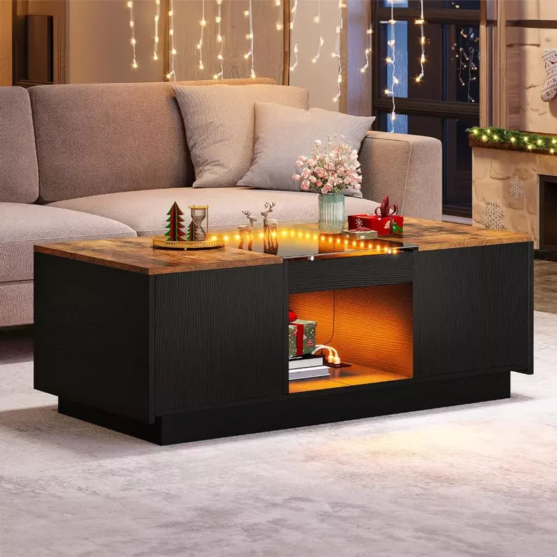 Table basse en bois de verre avec lumières LED et multiprise, table centrale, meubles de salon, tables basses pour salon, café noir