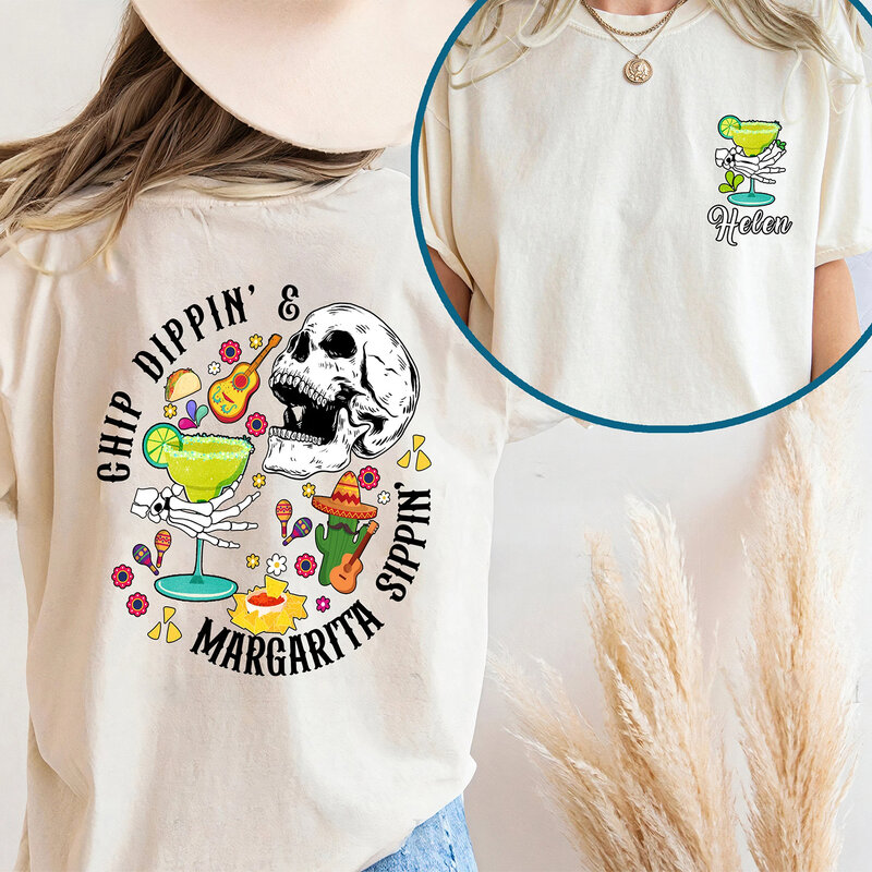 Camiseta con eslogan de Chip Dippin' & Margarita Sippin' para mujer, camisa Vintage con estampado de calavera de dibujos animados para mujer, camiseta de fiesta con estilo, nueva