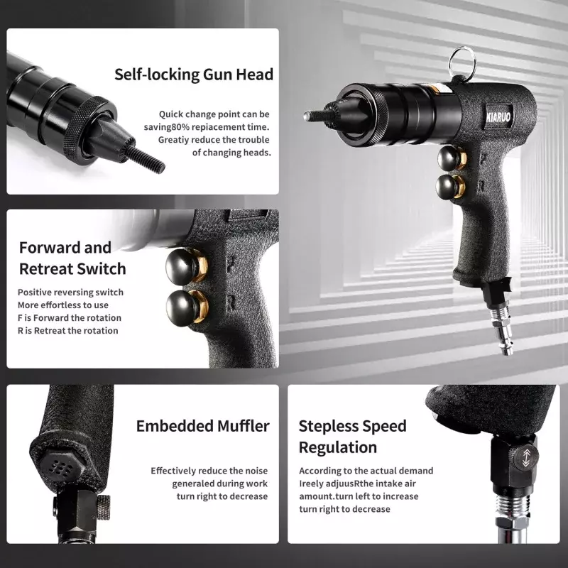 KIARUO-Pistola neumática de Tuercas de remache con cabezal de autobloqueo, mandriles de 1/4, 5/16 y 3/8, Grado Industrial, velocidad ajustable, Pu