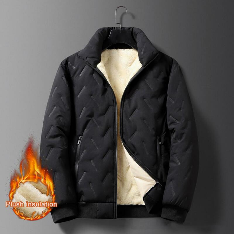 Men Windproof Winter Jacket Windproof Mid Length Men's Jacket with Stand Collar Thick Plush Padding Zipper Closure for Winter