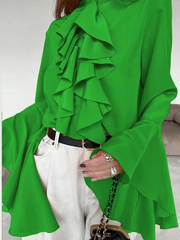 Fashion Design Ruffle camicia monopetto Casual donna o-collo camicette con maniche a farfalla Lady Temperament Cardigan top primavera