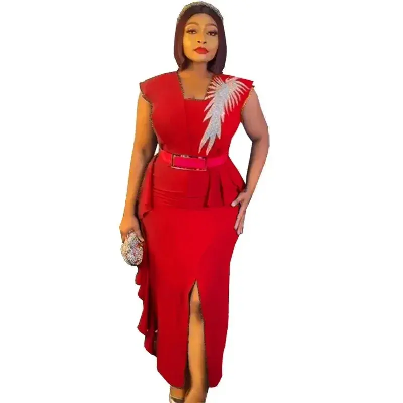 2023 Elegant Dress Women for Wedding Party Autumn Africa Sleeveless Red Black Blue Gowns Bodycon Dress Dashiki African Clothing