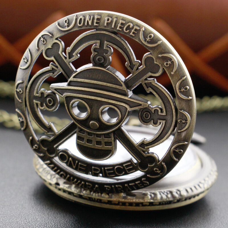 Popular Animation Pirates Show Quartz Pocket Watch Vintage Bronze Fob Chain Roman Digital Round Dial Necklace Pendant Clock Gift