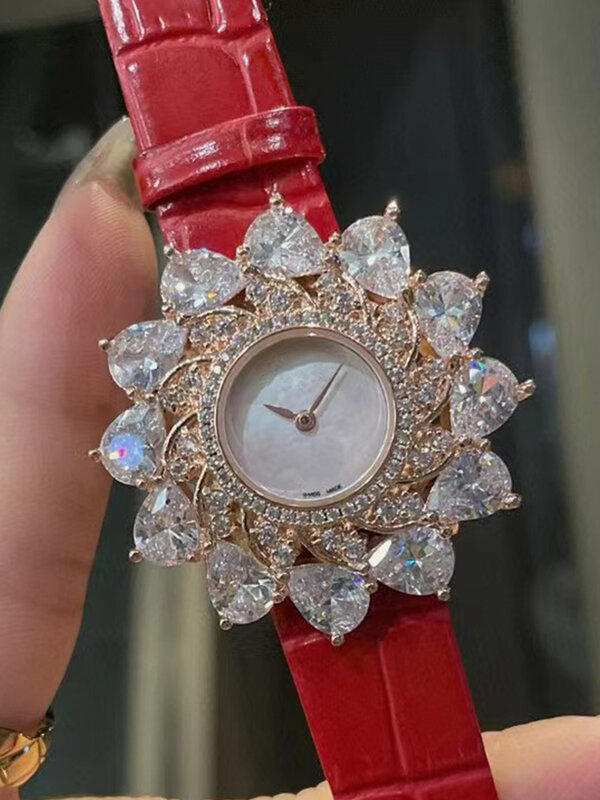 Designer petal-shaped diamond jewel case Leather strap Quartz Watch 2024 Women's new watch Fashion luxury All-in-one watch