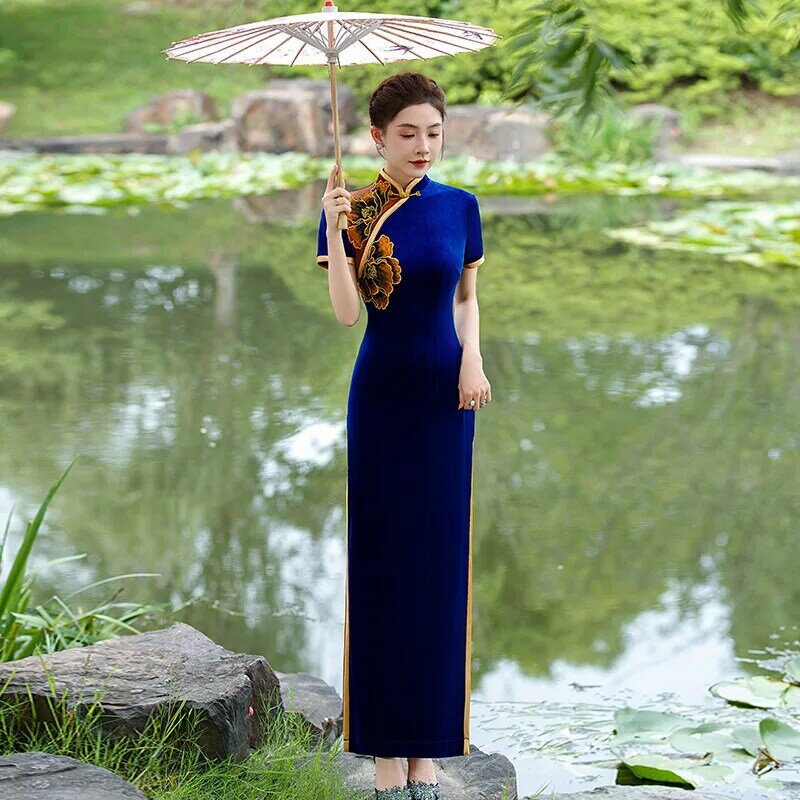 Cheongsam Vintage Qipao estilo chinês para mulheres, vestido elegante de veludo, vestido de festa tradicional, plus size 5XL
