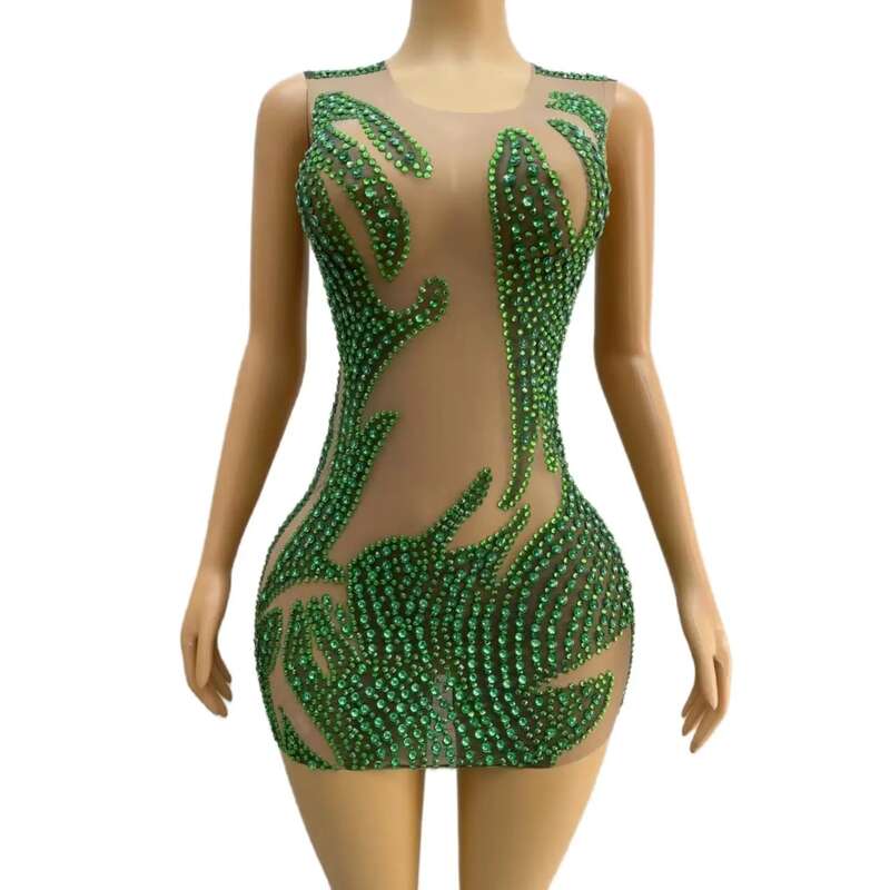 Bersinar hijau Rhinestones transparan tanpa lengan merayakan gaun 2024 wanita Prom gaun ulang tahun seksi pakaian pesta Prom pakaian Lvyi