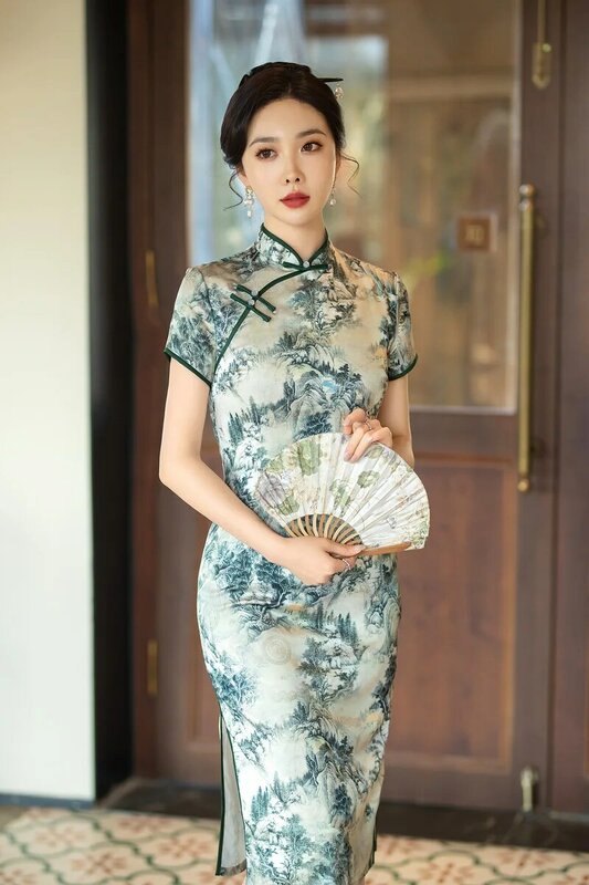 Qipao женский двухслойный Повседневный Шелковый ретро-стиль средней длины со стоячим воротником и коротким рукавом, весна 2024