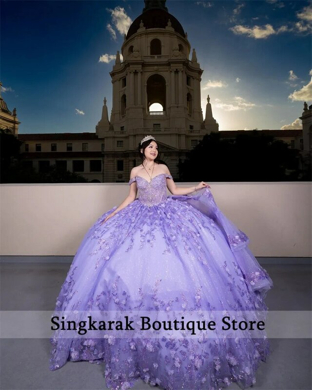 Gaun pesta putri Lavender gaun Quinceanera gaun manik-manik applique bunga Vestidos De 15 Anos gaun 16th manis mewah