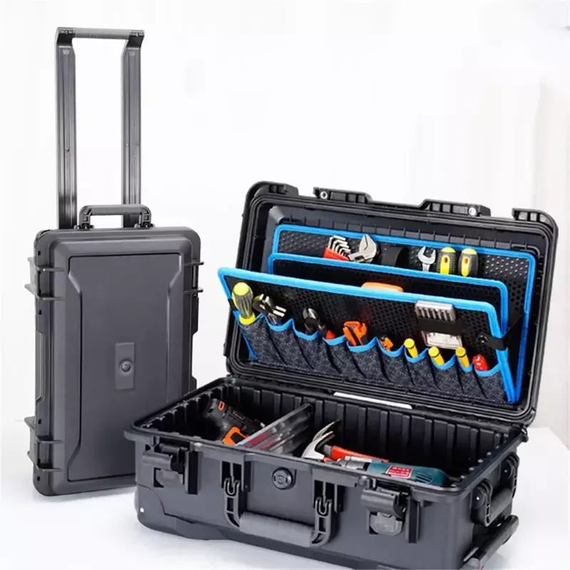 Toolbox Outdoor Hard Case with Boards Wheel Electrician Tools Chest Organizers Electric Drill Garage Storage Trolley Pocket Tool