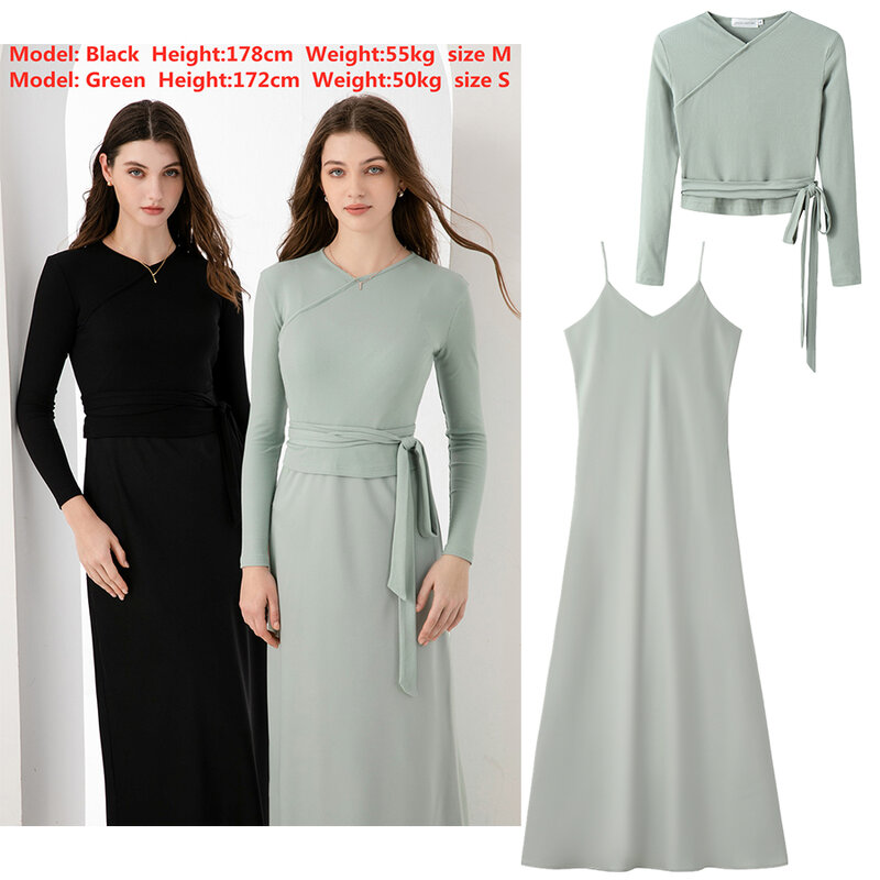 AS 2024 woman clothing high Stretch ribbing closed-fit wrap tops (runs a little small ） + Matte Satin dress Maxi matching sets