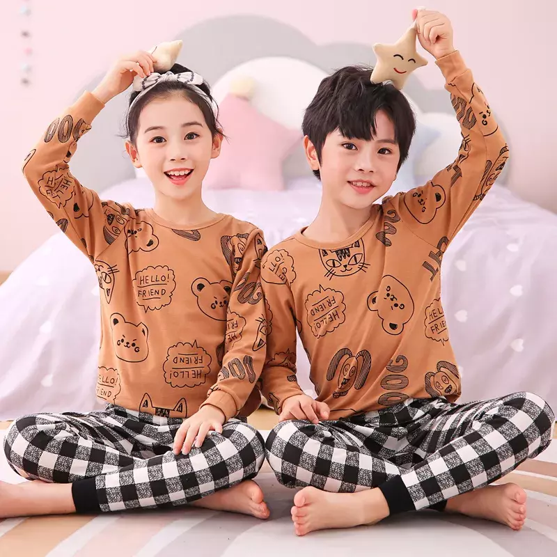 Children's autumn clothes and trousers set pure cotton underwear thin pajamas boys and girls baby  children's cotton sweater