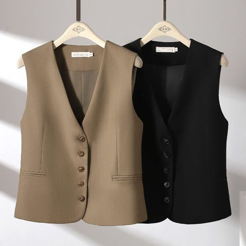 Nieuwe Zwarte Vest Jas Vrouwen Mouwloze Blazer Dames Single Breasted Slank Kantoor Pak Vest Dames Vest Korte Vest Bovenkleding