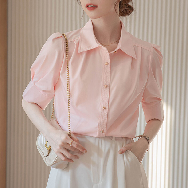 Женские летние рубашки QOERLIN с коротким рукавом белые офисные женские однобортные деловые блузки с отложным воротником Элегантные Топы