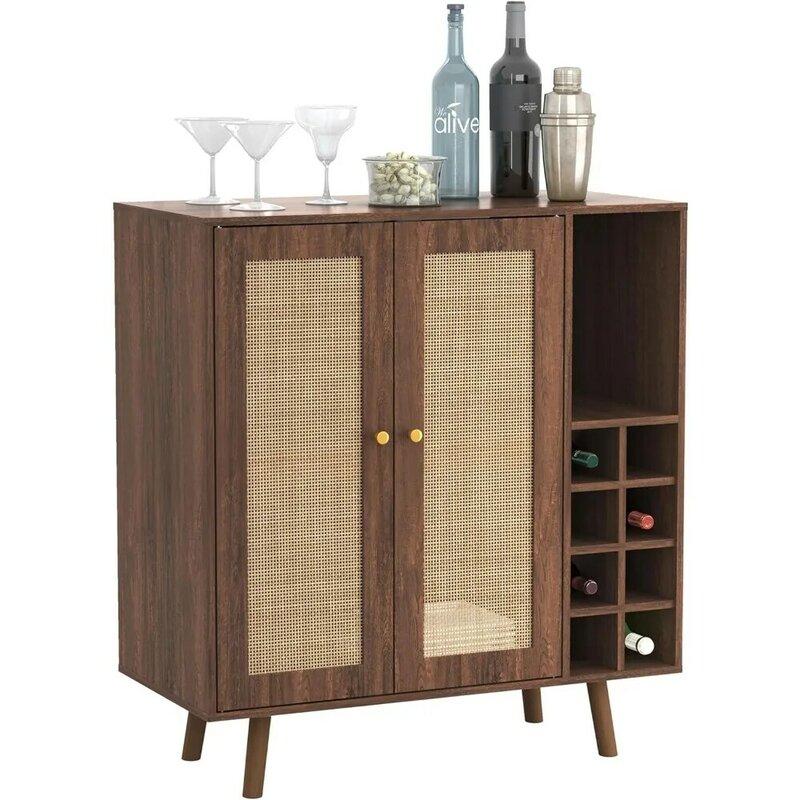 Century-Paneles de ratán Natural con almacenamiento, refrigerador de vino, acabado de nogal, estante de gabinete de Bar, muebles