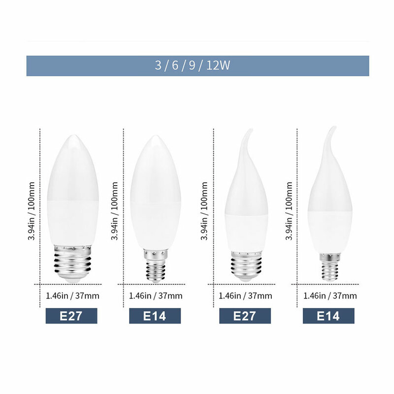 Светодиодные лампы-свечи E14 E27, 10 шт./лот, 220 В переменного тока, светодиодная люстра 3 Вт, 6 Вт, 7 Вт, 9 Вт, декоративная лампа для спальни, энергосберегающий свет