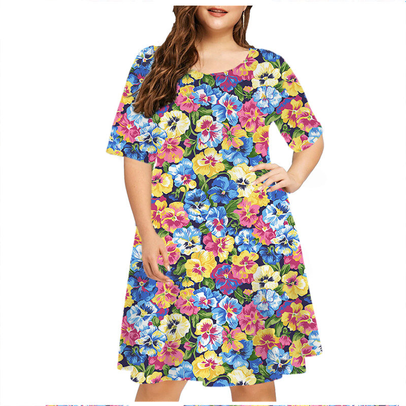 Vestido solto de manga curta linha A feminino, vestido estampado com flores de plantas 3D, moda casual feminina, decote em O, retrô, verão, plus size, 6XL